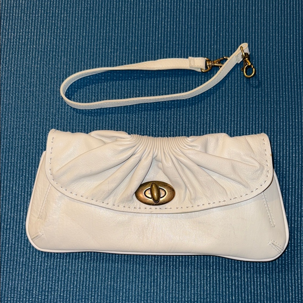 Kate Landry Cream Faux Leather Clutch with Brass Detail